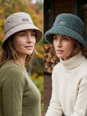 New L.L. Bean Reversible Sherpa & Quilted Puffer Bucket Hat Outdoor Weather S